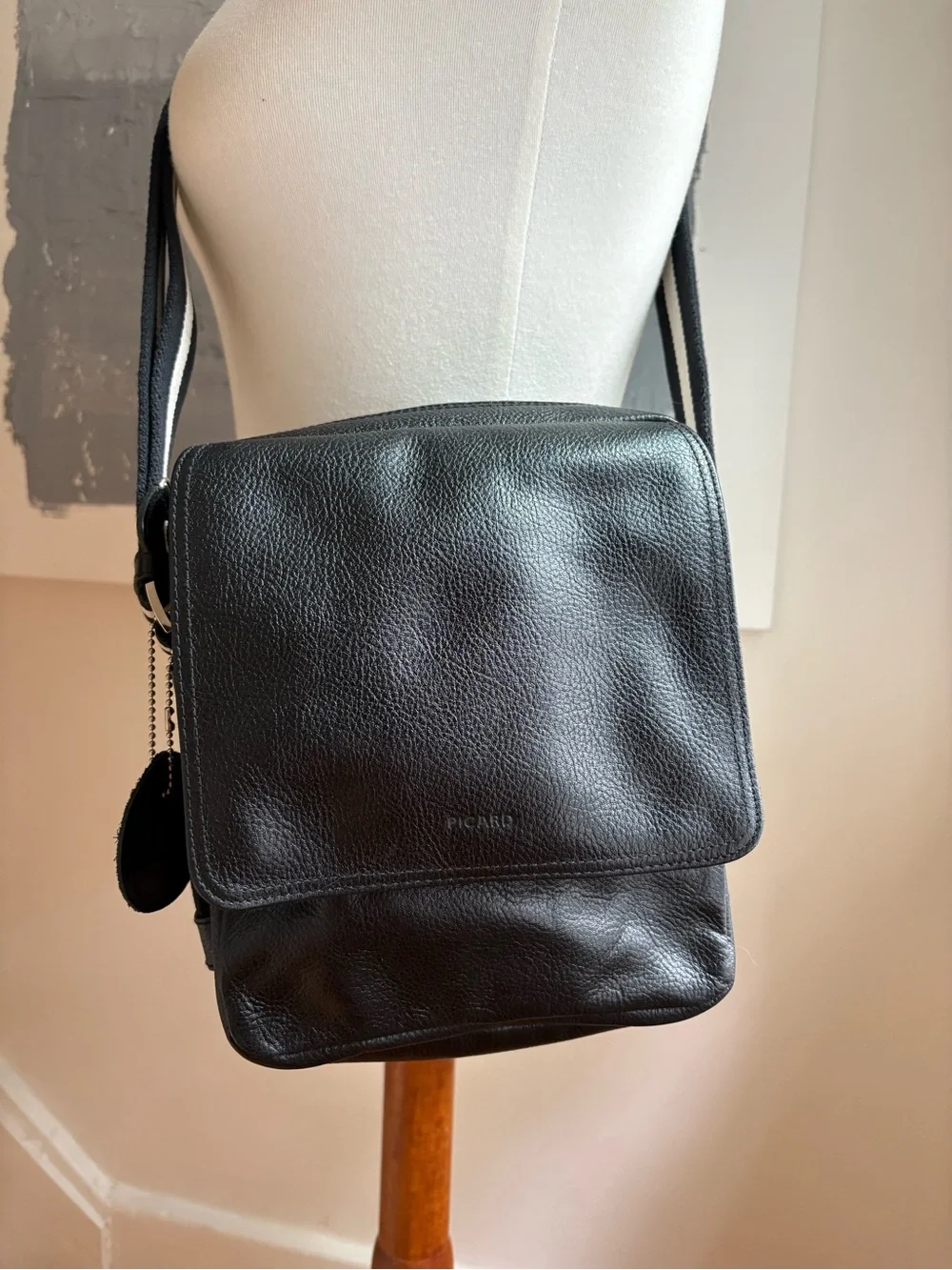 Picard Black Leather Messenger Bag with Striped Adjustable Strap
